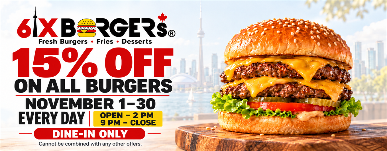6ix Burgers Toronto-inspired burger restaurant banner